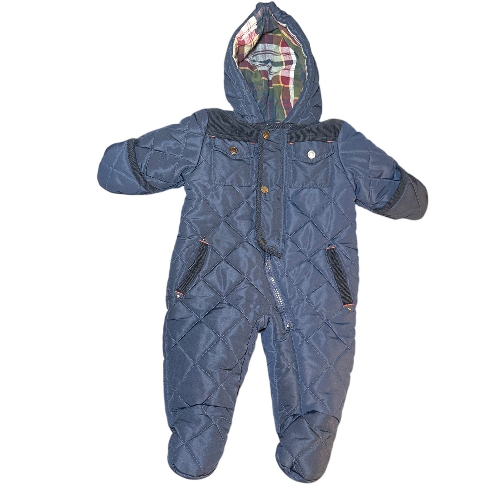 Rothschild‎ Baby Snowsuit Quilted Navy Blue Plaid Lined Hooded 3-6 Months